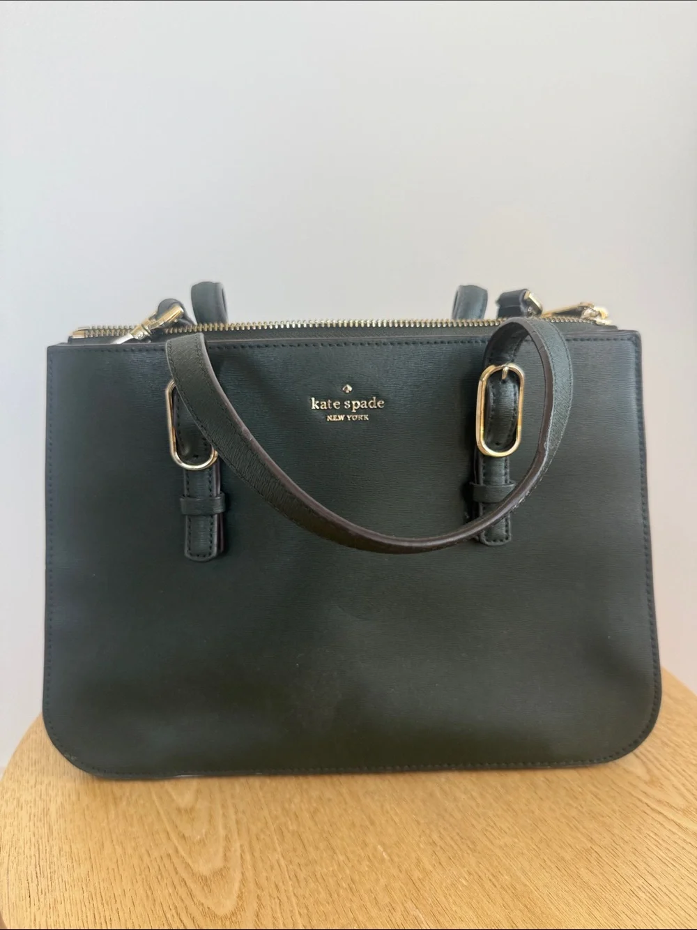 kate spade Black Leather Double-Zip Satchel with Gold Hardware